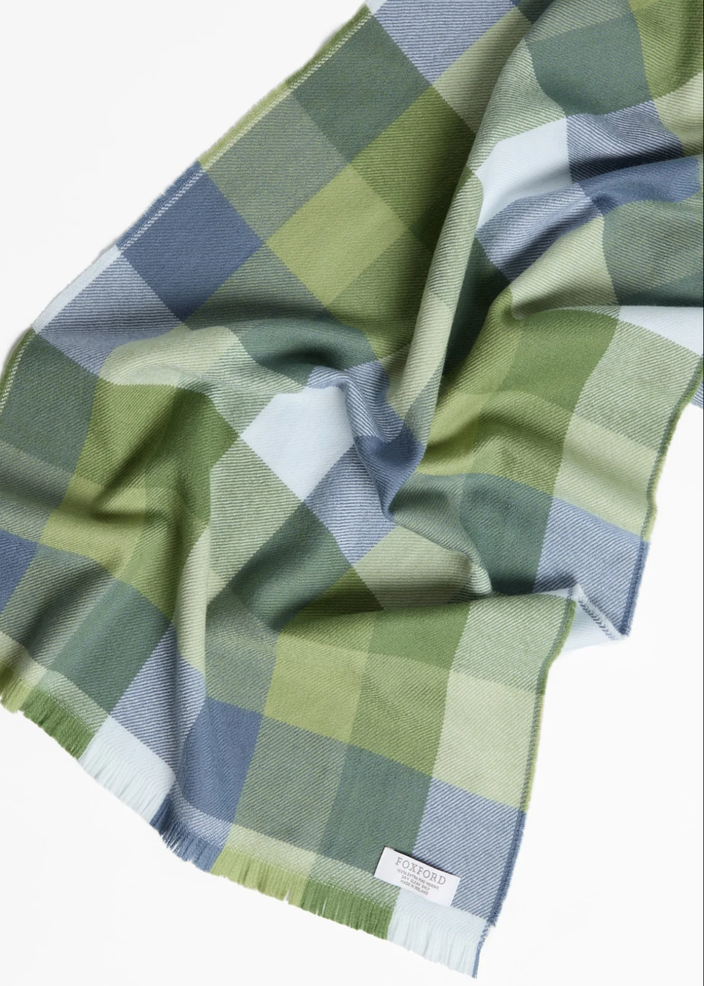 Foxford Green & Blue Block Check Extra-Fine Merino Scarf - Image 3