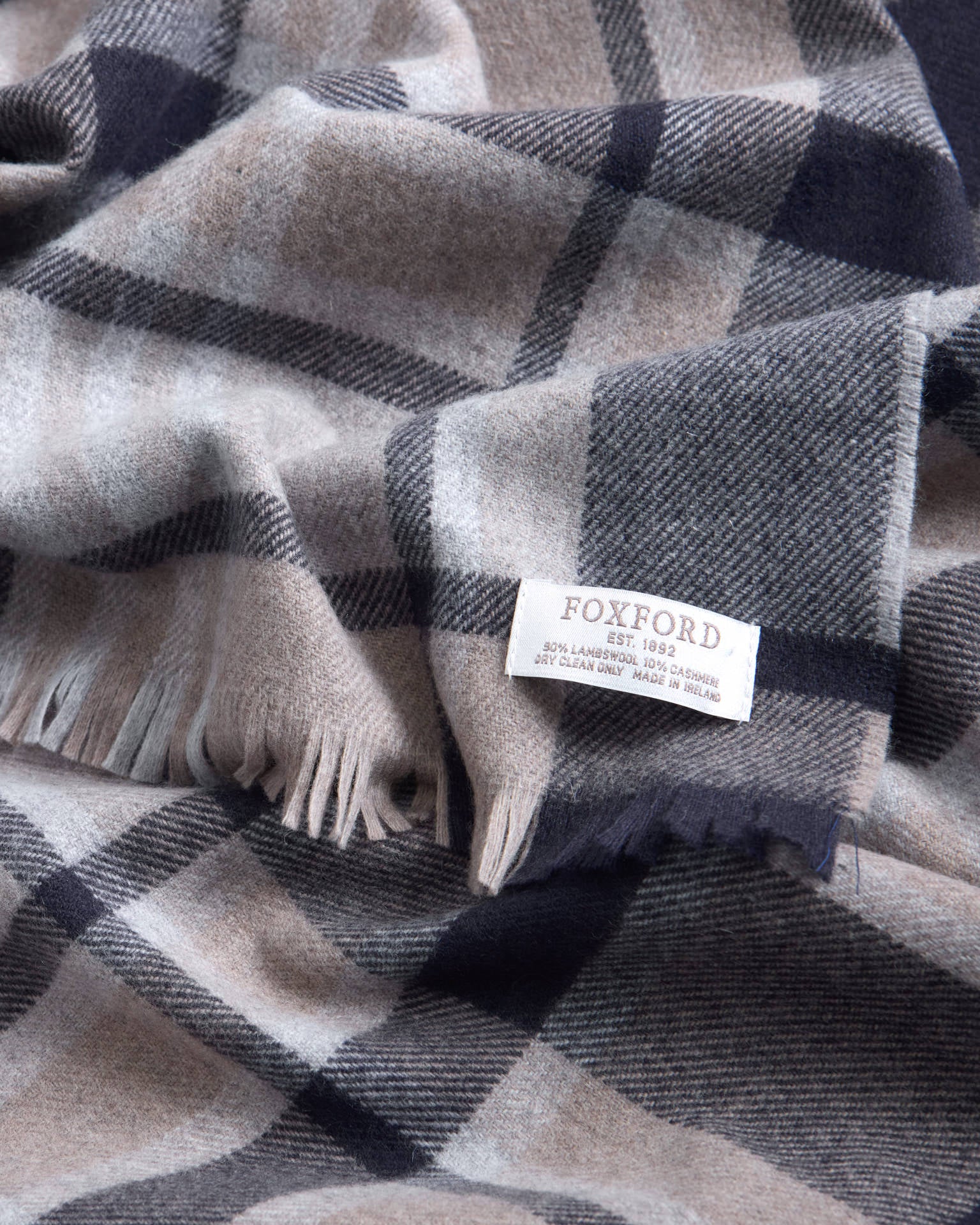 Foxford Navy and Mink Tartan Fine Wool Cashmere Blend Scarf - Image 3