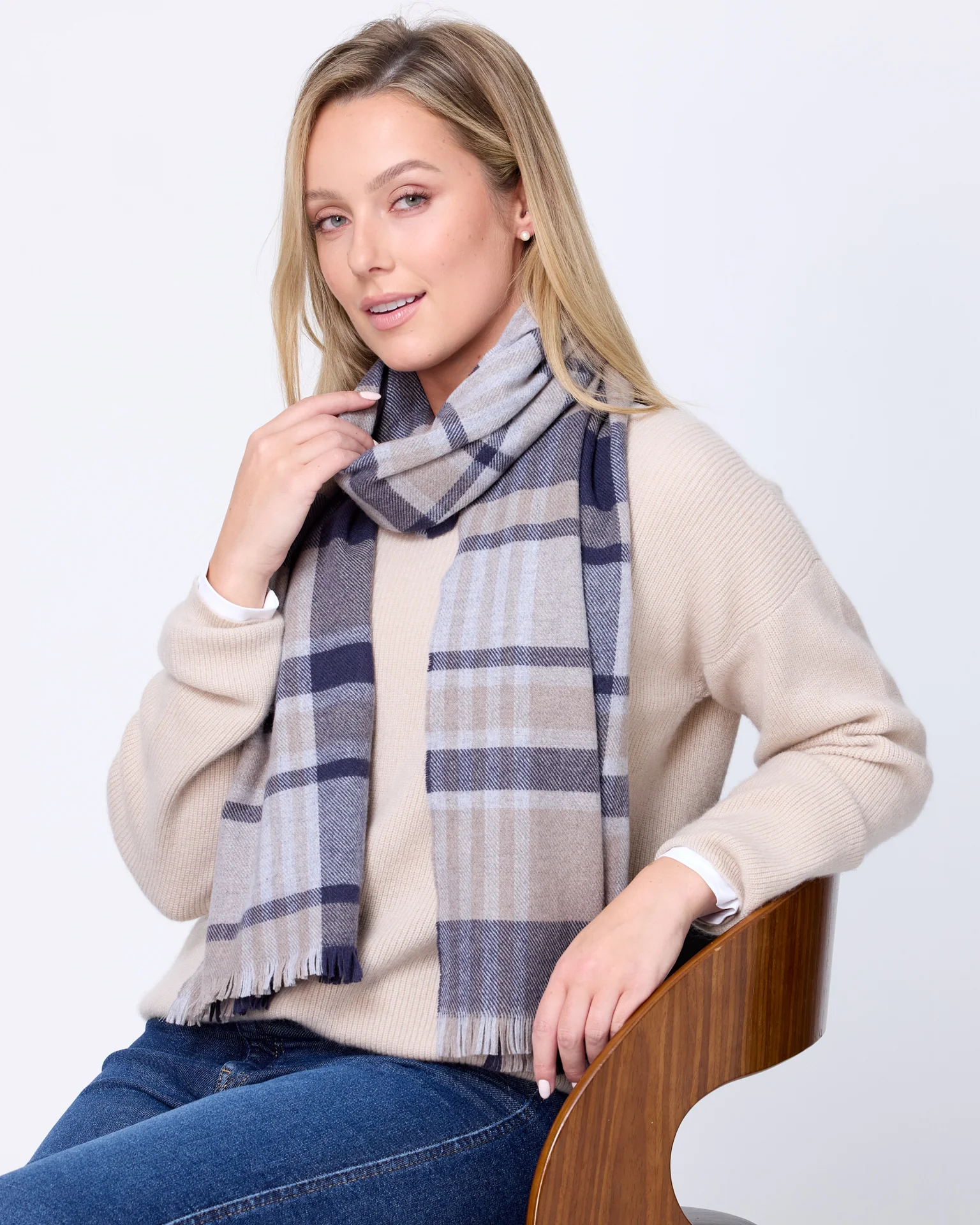 Foxford Navy and Mink Tartan Fine Wool Cashmere Blend Scarf - Image 4