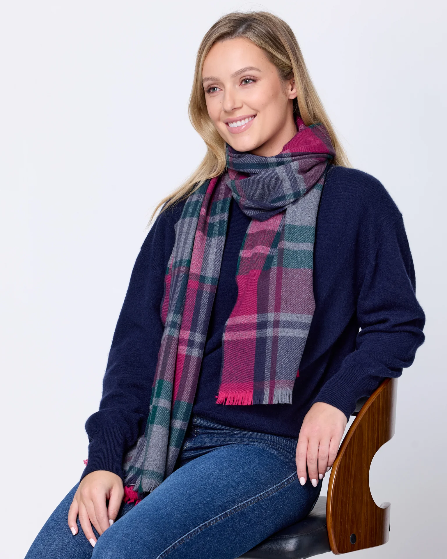 Foxford Petunia Tartan Fine Wool Cashmere Blend Scarf - Image 4